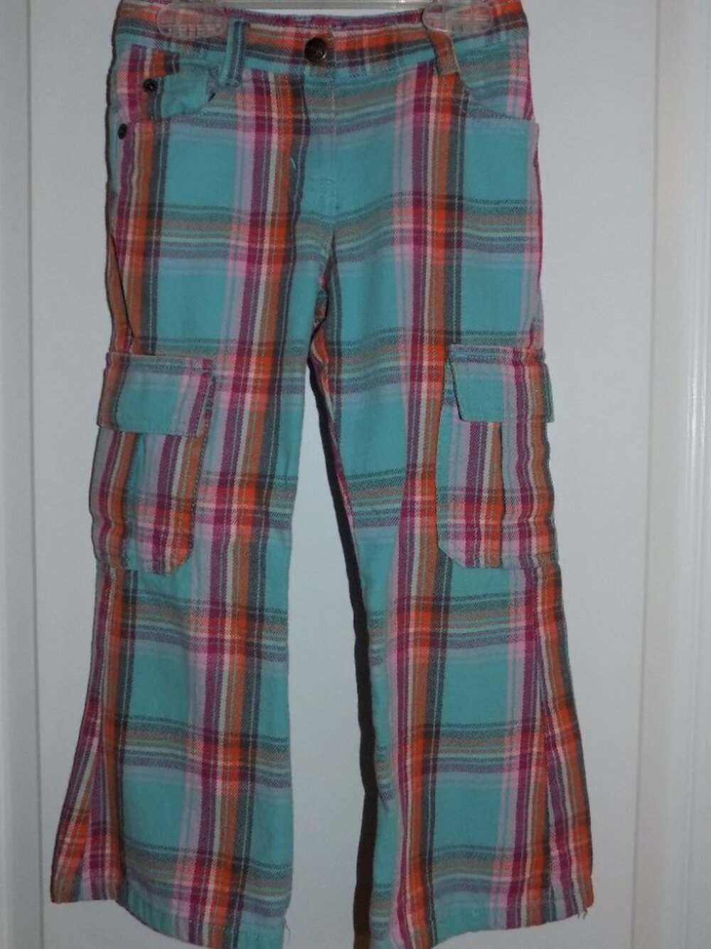 Vintage MINI BODEN Blue Pink Orange Plaid Cargo Pants Bootcut Twill Sz 4-5Y